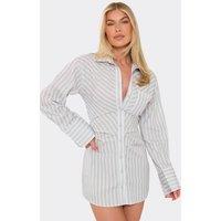 EGO Women's Long Sleeve Button Cinched Striped Mini Dress in Light Grey | Size: 10