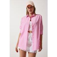 Happiness Istanbul Women's Oversized Poplin Button-Up Shirt with Long Sleeves in Bright Pink | Size: Medium