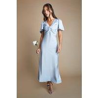 Oasis Women's Light Blue Satin Twist Front Angel Sleeve Midi Bridesmaid Dress | Size: 6