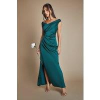 Coast Women's Satin Bardot Bridesmaid Maxi Dress with Waist Ruching Detail in Emerald | Size: 10