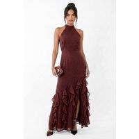 Anaya with Love Women's Halter Neck Waterfall Ruffle Maxi Dress in Brown | Size: 6