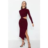 WOVCOR Women's Cut Out Side Ruched Midi Bodycon Evening Dress in Burgundy | Size: 6