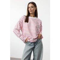WOVCOR Women's Striped Crew Neck Cotton Sweatshirt in Pink | Size: Medium