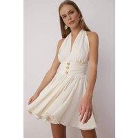 WOVCOR Women's Halter Neck Flared Mini Dress with Button Detail in Ecru | Size: XS