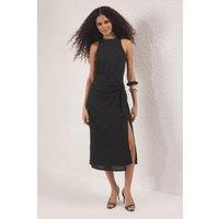WOVCOR Women's High Neck Midi Woven Dress With Tie Detail in Black | Size: 6