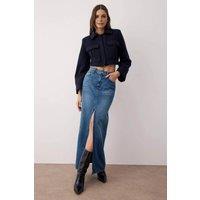WOVCOR Women's Maxi Denim Skirt with Front Slit & Classic Five-Pocket Design in Blue | Size: 14