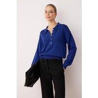 WOVCOR Women's Mercerized Look Polo Collar Button Detail Knit Sweater in Royal | Size: Large