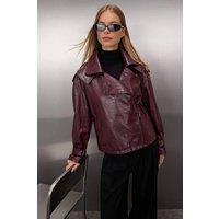 WOVCOR Women's Croc Effect Asymmetric Zip Biker Faux Leather Jacket in Burgundy | Size: Small