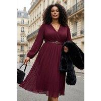 WOVCOR Women's Pleated Wrap Style Belted Midi Dress with Long Sleeves in Burgundy | Size: 14
