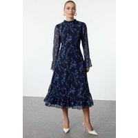 WOVCOR Women's Floral Print High Neck Sheer Sleeve Midi Dress | Size: 10