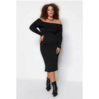 WOVCOR Women's Bardot Off-the Shoulder Ribbed Midi Bodycon Dress in Black | Size: 5XL