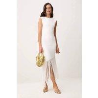 WOVCOR Women's Fringe Hem Sleeveless Bodycon Midi Evening Dress in Ecru | Size: 12