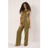 WOVCOR Women's Belted Wide Leg Collared Jumpsuit in Green | Size: 6