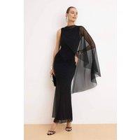 WOVCOR Women's Pelerin Detailed Tulle Lined Maxi Evening Dress in Black | Size: 12