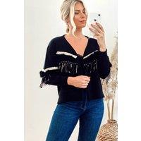 CY Women's Black Cropped Cardigan With Tassel Fringe & Fur