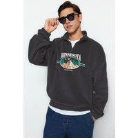 WOVCOR Men's Stand Collar City Embroidered Fleece Sweatshirt in Dark Grey | Size: Medium