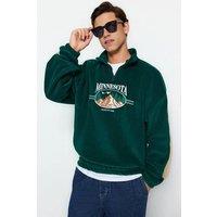 WOVCOR Men's Stand Collar City Embroidered Fleece Sweatshirt in Emerald | Size: Medium