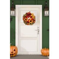 H&O Direct 45cm Pre-Lit Autumn Wreath with Faux Maple Leaves & Sunflowers - Seasonal Door Decoration in Orange