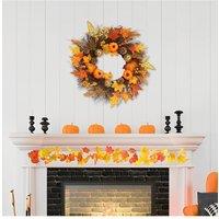 H&O Direct 45cm Maple Leaf Pumpkin Berry Rattan Wreath Door Hanging with 2m Copper Wire Light in Orange