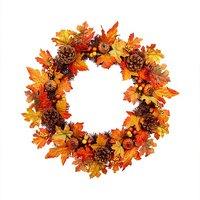 H&O Direct 60cm Artificial Maple Leaf Wreath Outdoor Decoration for Halloween in Orange