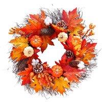 H&O Direct 55cm Autumnal Halloween Thanksgiving Door Decorative Wreath Maple Pumpkin in Orange