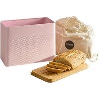 Cooks Professional Diamond Pattern Bread Bin with Linen Bag & Bamboo Cutting Board Lid in Pink