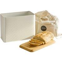 Cooks Professional Diamond Pattern Bread Bin with Linen Bag & Bamboo Cutting Board Lid in White
