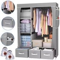 VOGREX Canvas Wardrobe with Clothes Hanging Rail Shelving Storage Closet in Grey