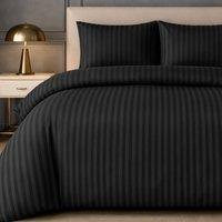 Grace Premium Satin Stripe Duvet Cover Set Soft Breathable Bedding in Black | Size: Double