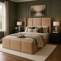 Desire Deco Plush Velvet Grayson Wingback Ottoman Storage Bed Frame in Beige | Size: Single