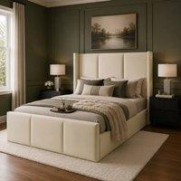 Desire Deco Plush Velvet Grayson Wingback Ottoman Storage Bed Frame in Cream | Size: Single