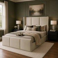 Desire Deco Plush Velvet Grayson Wingback Ottoman Storage Bed Frame in Light Beige | Size: Small Double