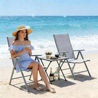 London Boutique 2PCS Reclining Folding Patio Chairs Sun Lounger 8-Position Adjustable in Silver