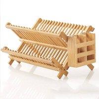 VOGREX Foldable Bamboo Dish Drying Rack Cutlery Utensil Holder Organizer in Beige