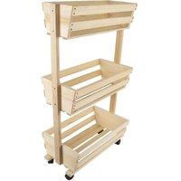 VOGREX 3-Tier Wheeled Wooden Veggie Basket Trolley Kitchen Storage Cart in Beige