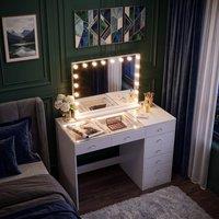 FENCHILIN 8-Drawer Lighting Dressing Table with 18 LED Hollywood Mirror, White