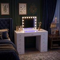 FENCHILIN 11-Drawer RGB Lighting Dressing Table w/ 15 LED Hollywood Mirror White