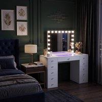 FENCHILIN 11-Drawer RGB Lighting Dressing Table w/ 18 LED Hollywood Mirror White