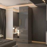 Sliding Wardrobes 4U High Gloss 2 Door Mirrored Wardrobe with Gold Handles W90cm in Grey