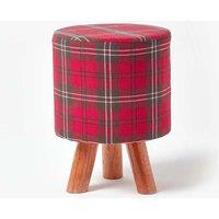 Homescapes Tartan Fabric Footstool with Wooden Legs in Red