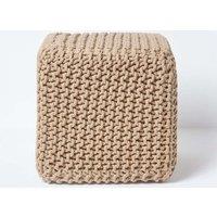 Homescapes Cube Cotton Knitted Pouffe Footstool in Beige