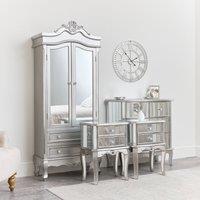 Melody Maison Mirrored Closet, Chest Of Drawers & Pair Of Bedsides - Tiffany Range in Metallic Silver