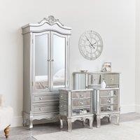 Melody Maison Mirrored Closet, Chest Of Drawers & Pair Of 3 Drawer Bedsides - Tiffany Range in Metallic Silver