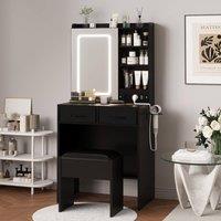London Boutique Dressing Table & Stool Set Makeup Desk w/ Charging Station & LED Light in Black