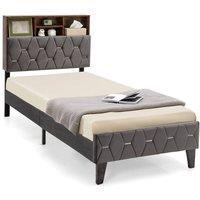 SPETLEK Single Upholstered Platform Bed Base Slat Support Storage Headboard in Grey