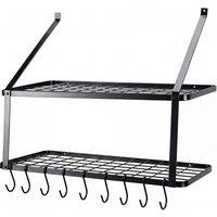Toque Pot Pan Rack Wall Mounted Kitchen Shelf 2 Tier Storage Rack 10 Hooks in Black