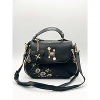 SVNX Women's Embroidered Shoulder Bag With Zip Charms in Black