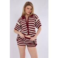 STYLEWISE Women's Stripe Crochet Knit Button Cardigan Top & Micro Shorts Co-ord in Red | Size: Small