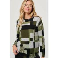 Izabel London Women's Geo Print Long Sleeve Relaxed Top in Green | Size: 12