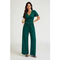 FS Collection Women's Stretch Jersey Wide Leg Flutter Sleeve Jumpsuit in Dark Green | Size: XL
